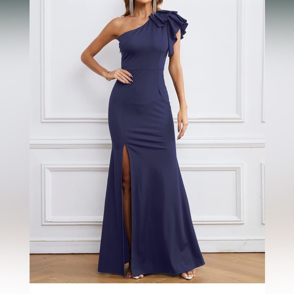 Long, off the shoulder navy dress with slit on one side. Never worn with tags
